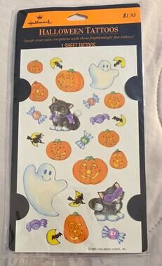Vintage 1995 Hallmark Halloween Tattoos Sealed Ghost Black Cat Pumpkin NOS